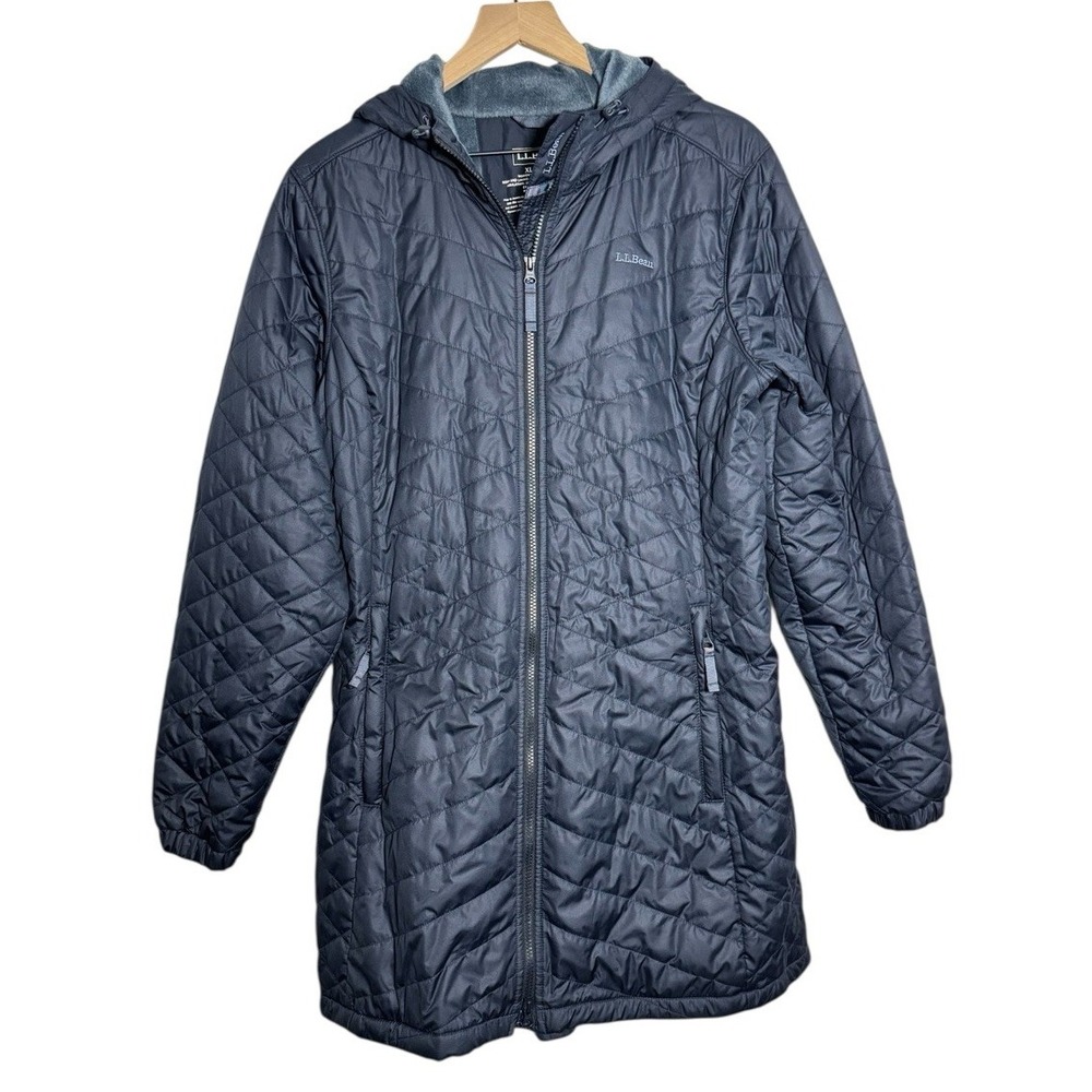 LL Bean Women Fleece-Lined Primaloft Coat Blue XL Parka Hooded - Picture 2 of 6